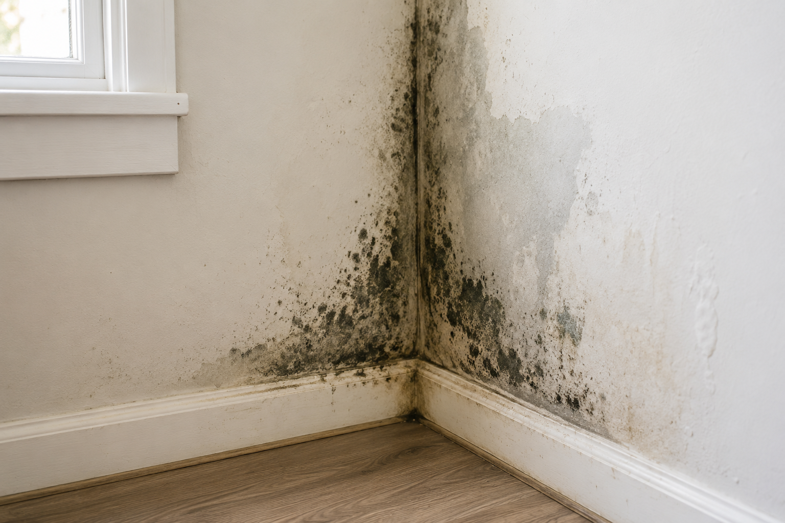 Black mold damage in a corner wall